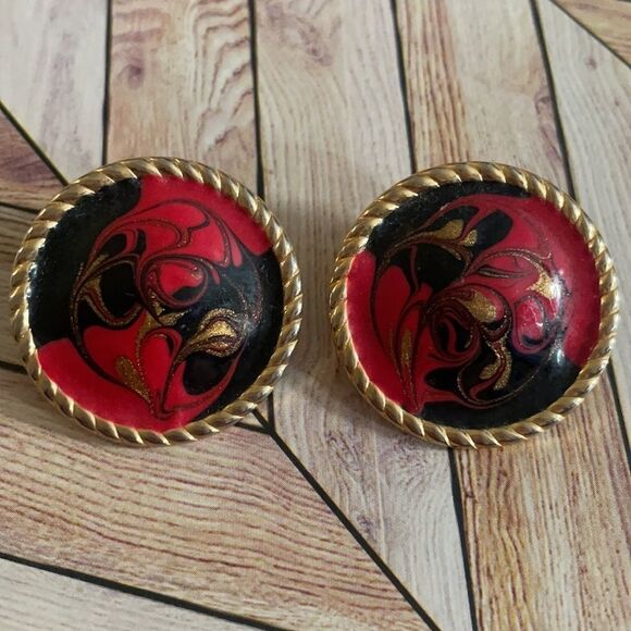 Enamel Stud Earrings, Red, Black & Gold, Oversized Stud Earrings - Picture 2 of 7